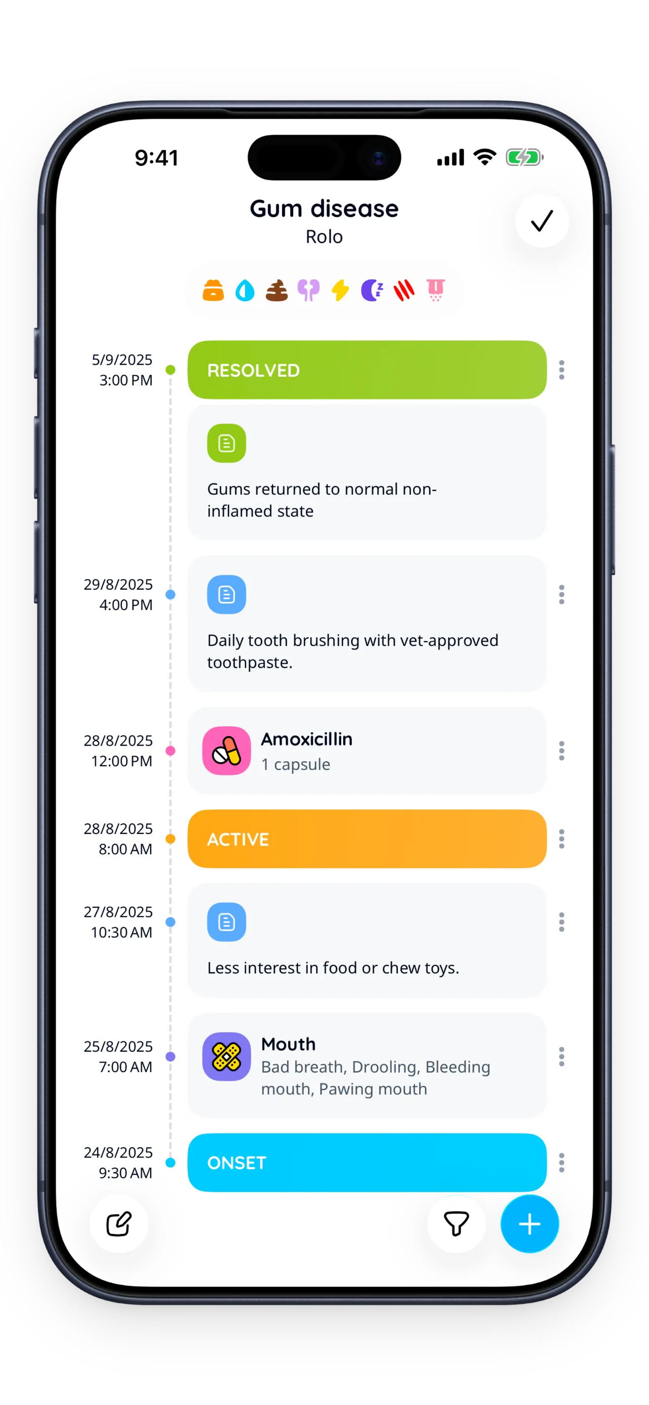 Petfetti condition tracker screen summarizing ongoing treatments