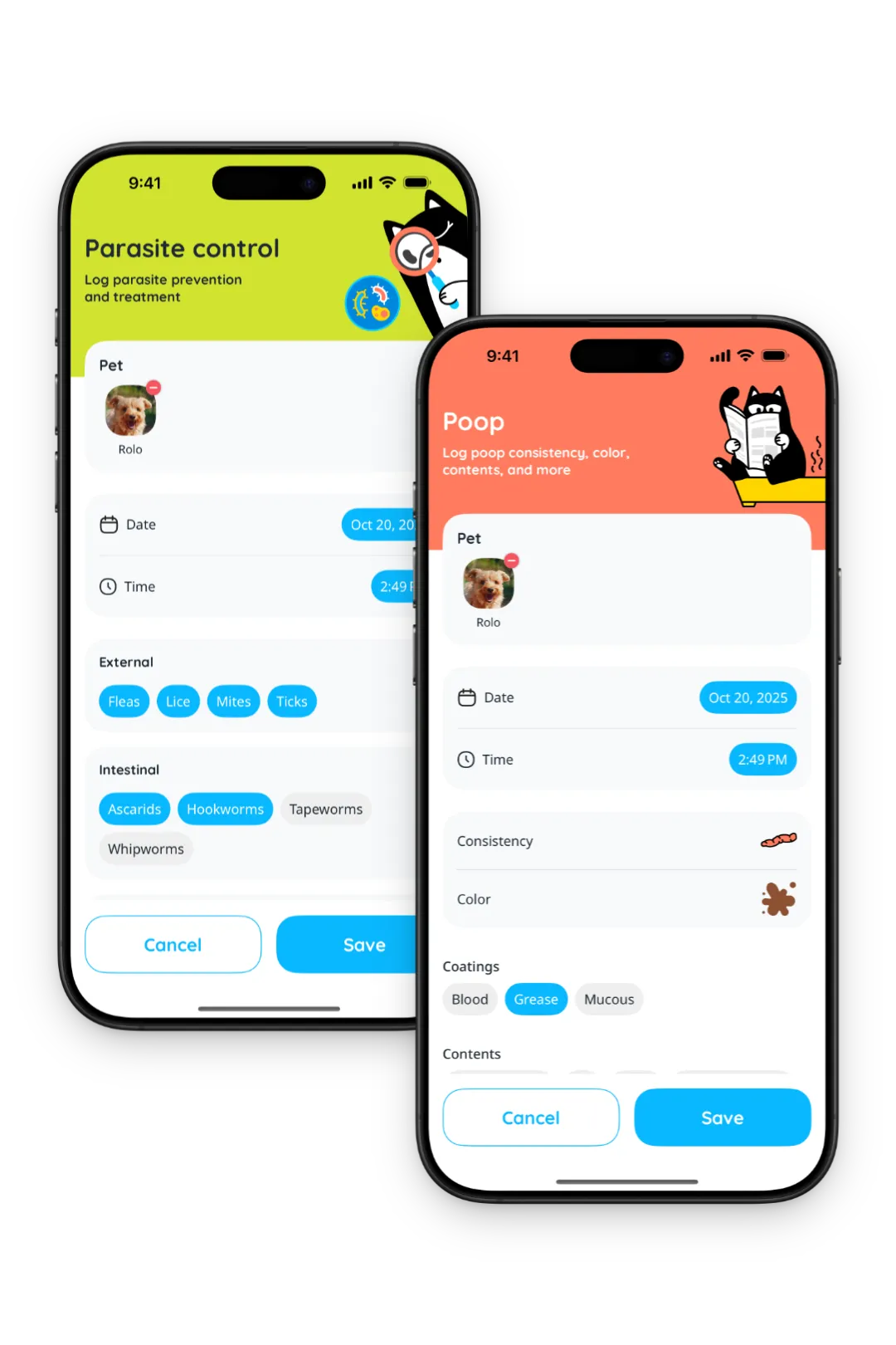 Petfetti logs screen showing tracked health events