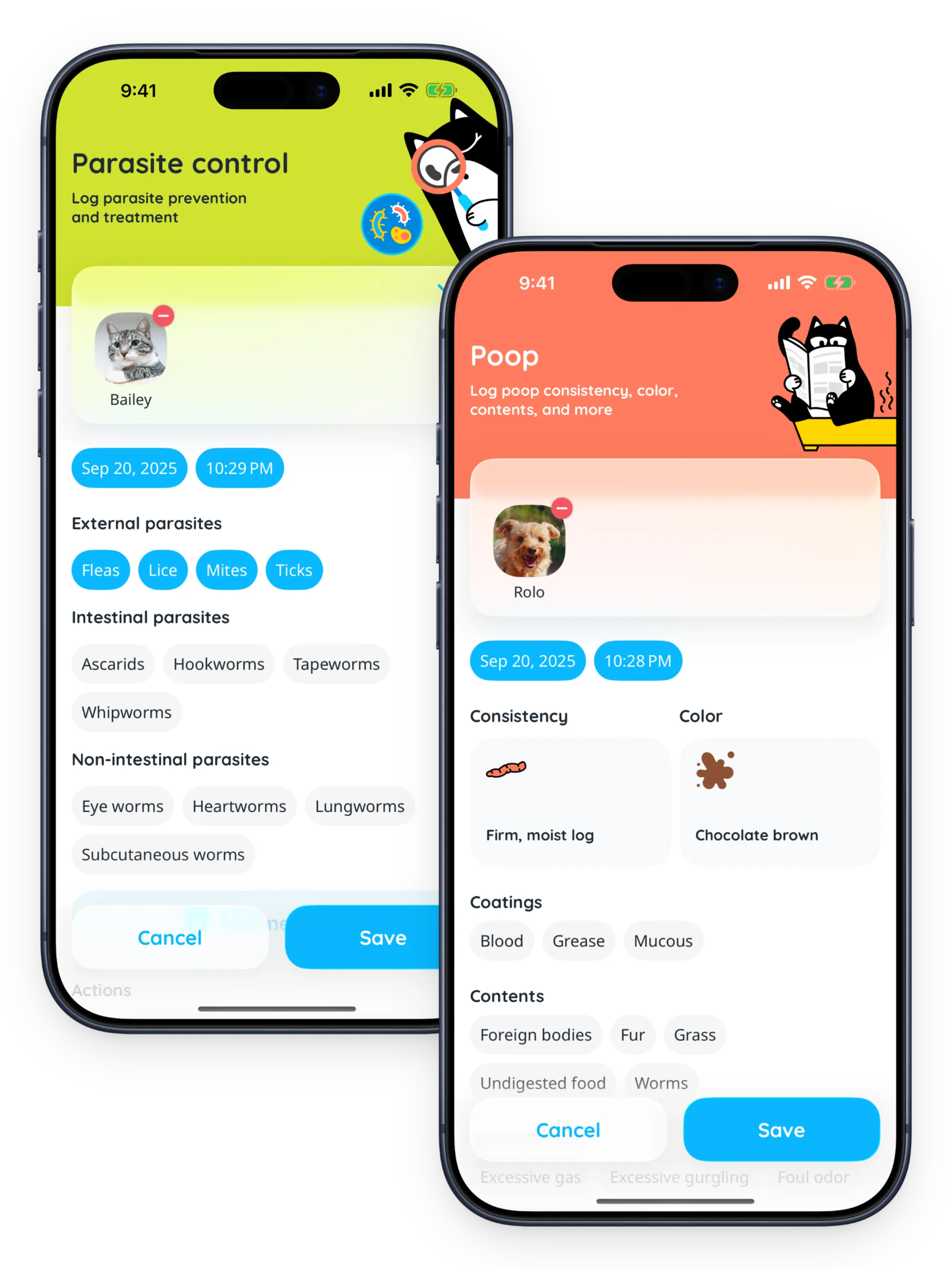 Petfetti logs screen showing tracked health events
